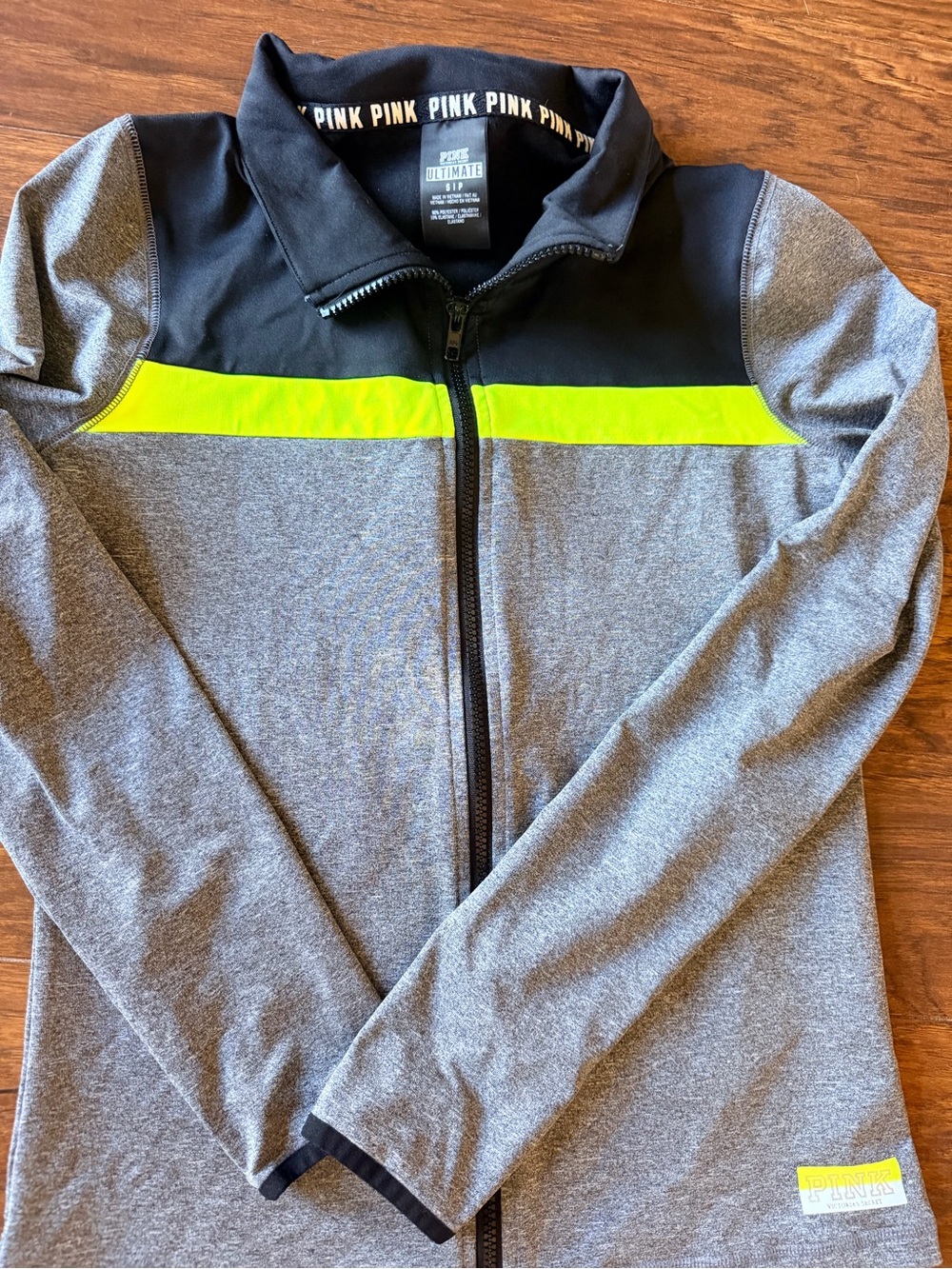 PINK Victoria's Secret Gray Zip-Up Jacket with Neon Yellow Stripe